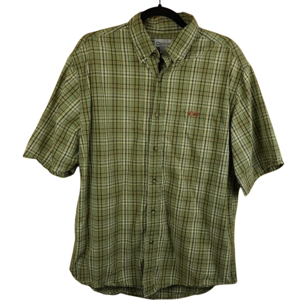 Carhartt Men's Large Green Plaid Short Sleeve Button‎ Down Work Shirt Cotton